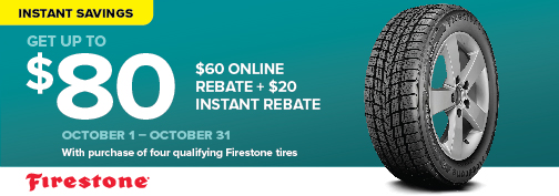 Firestone 4 Tire $60 Mail In Rebate + $20 Instant Rebate, $80 Rebate Total, 10/01/2024 through 10/30/2024